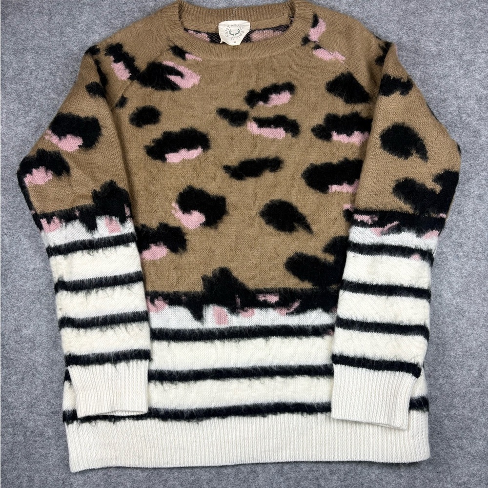 Fantastic Fawn Leopard Stripe Colorblock Eyelash Knit Fuzzy Sweater